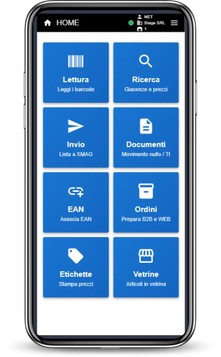 App Mobile XMAG: lettura barcode, ricerca giacenze e prezzi, ordini, etichette e vetrine